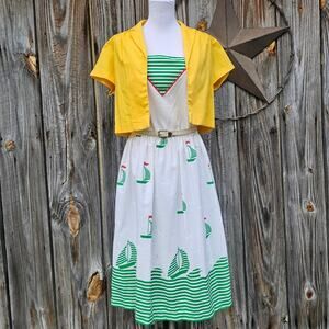 VTG Sailboat Print Dress Green White Yellow Jacket Belt Jenni Size 8 Vintage
